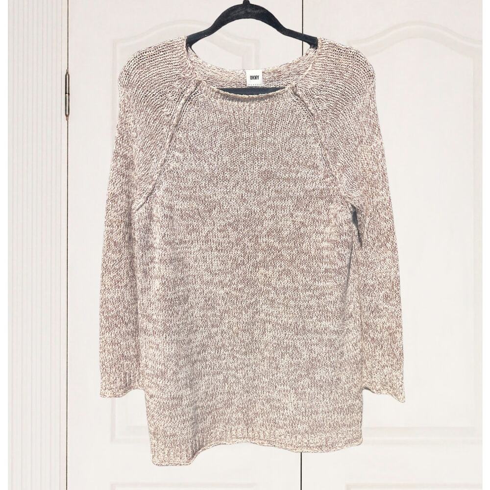 DKNY Classic Pullover Scoop Neck Sweater – Brown/White
